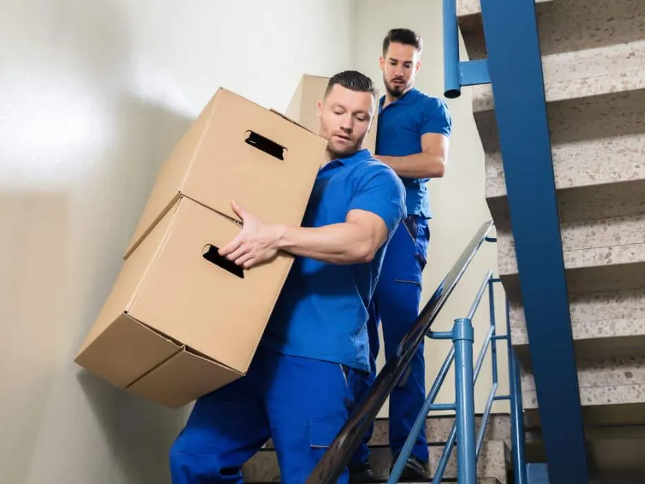 Deux déménageurs portant des cartons dans un escalier