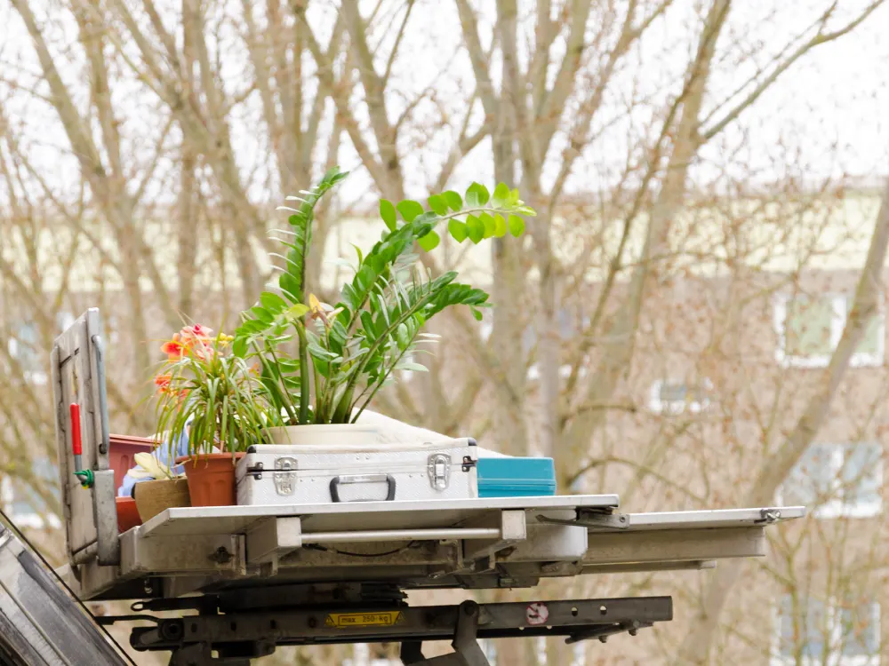 Plateforme de monte-meubles chargée de cartons et de plantes, montée le long d’une façade